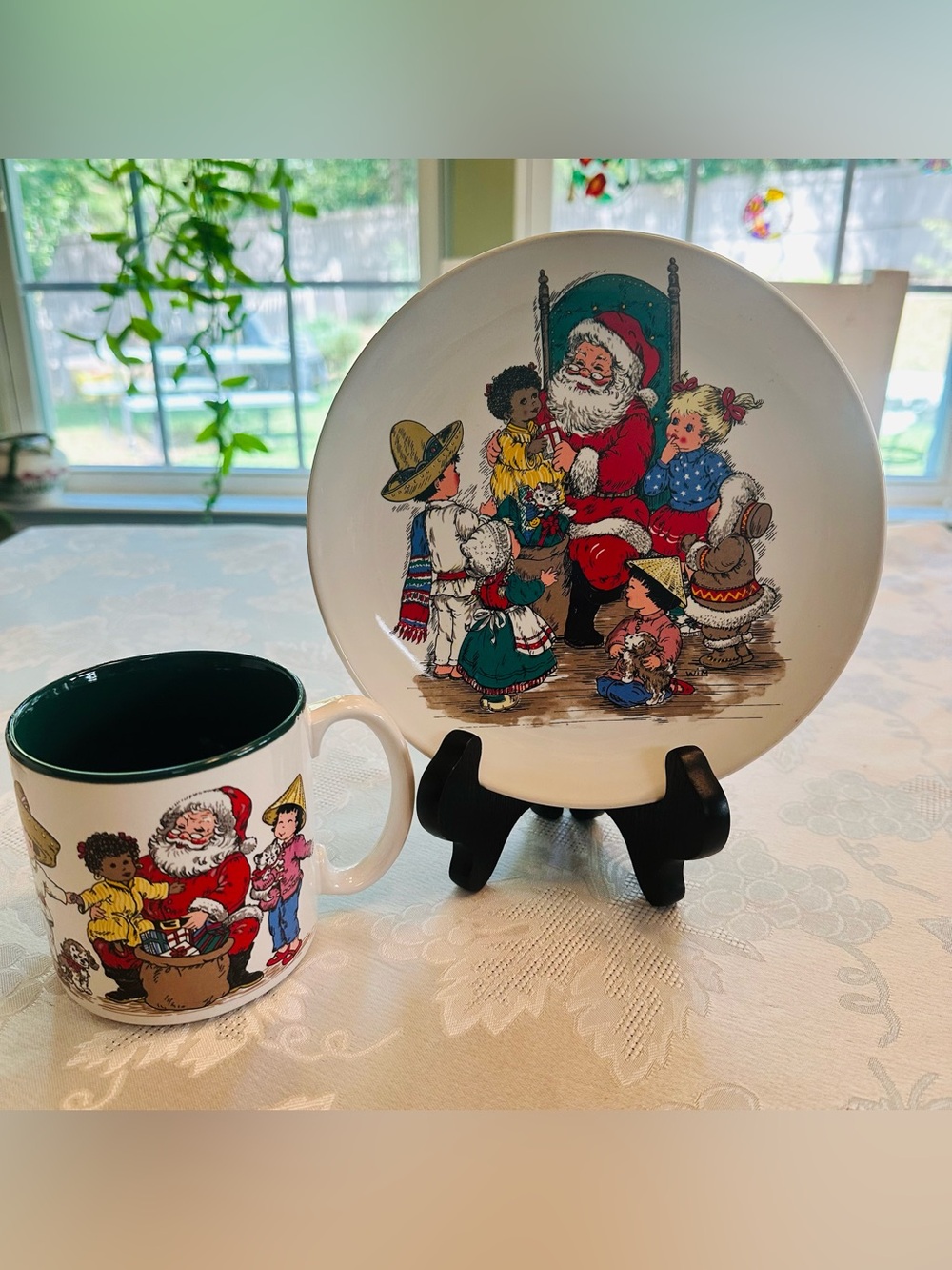 Vtg 1992 Potpourri Press Christmas Plate & Mug Set "Peace on Earth" Santa
